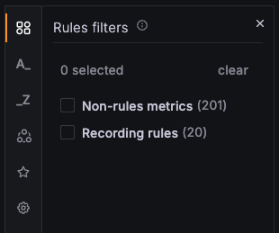 A screenshot of rules filters in Metrics Drilldown.