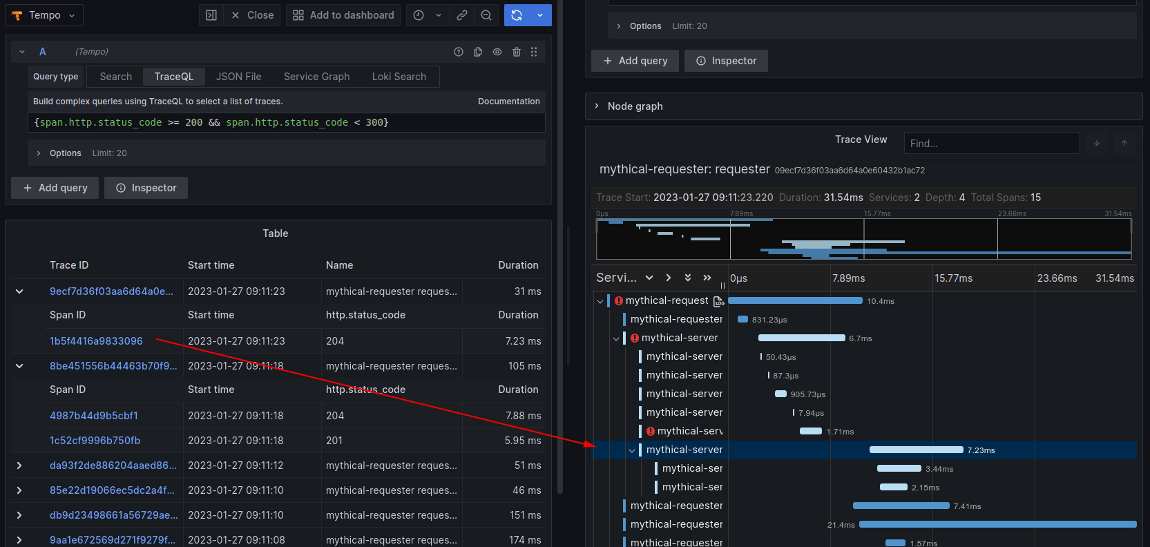 *Using TraceQL to query and link directly to a relevant span* A screenshot of the Tempo UI, showing how to use TraceQL to query and link to a span.