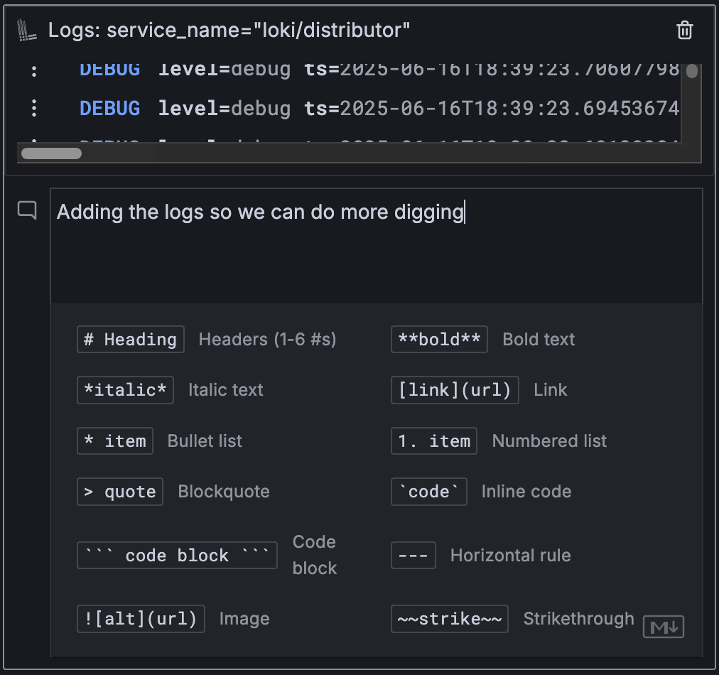 Markdown preview panel for comment fields.